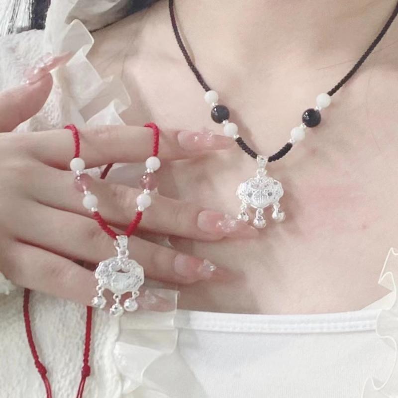 ネックレス ペア お守り 黒曜石 ストロベリークォーツ ビーズ 編み込み ロープ 男女兼用 菩提 運気アップ 鎖骨 ラッキーアイテム