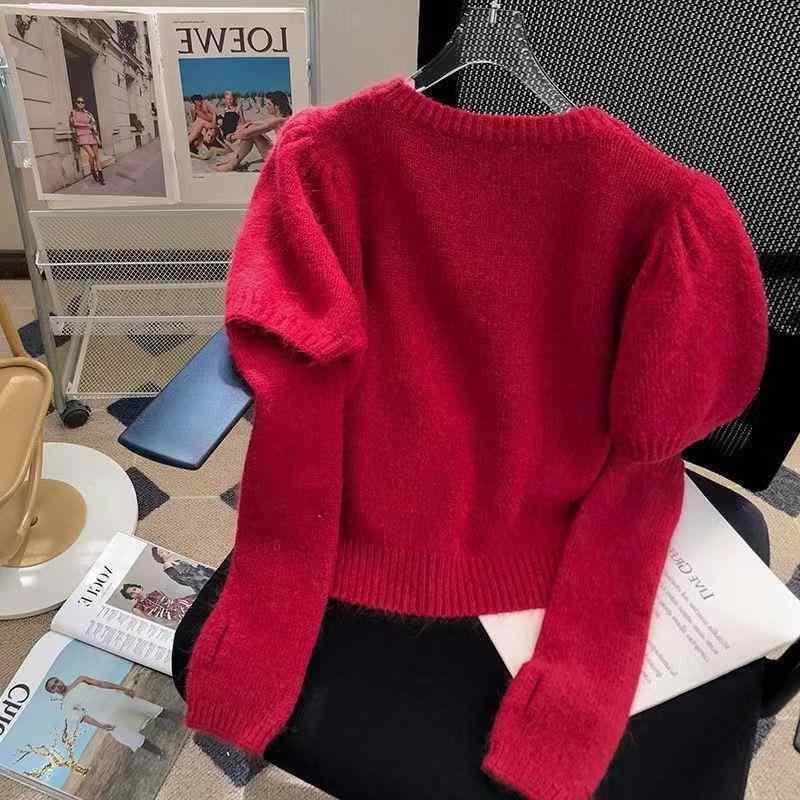 ニット レディース クリスマス 赤 長袖 トップス 韓国風 秋冬 ショート丈 プルオーバー 泡パフスリーブ 伸縮性 普段使い かわいい デート