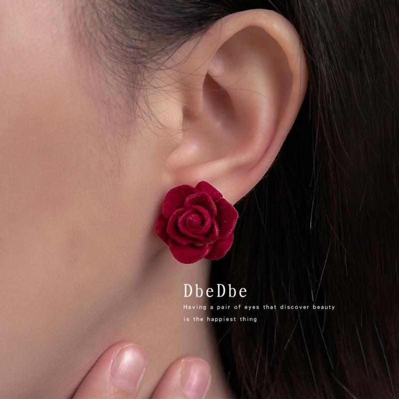 Rubellite - イヤリング レディース 法式復古 蚊取り線香 ローズ 花 植毛 ワインレッド ノンホールピアス 耳飾り アクセサリー フラワー レトロ
