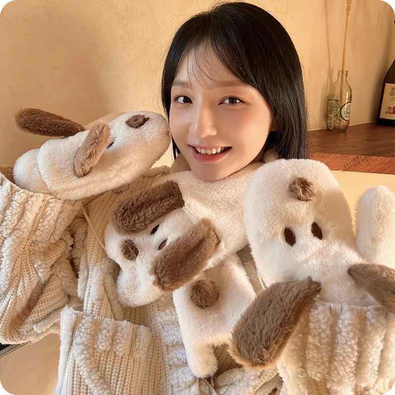乐天商城 - 手袋 レディース かわいい 犬 モチーフ 手袋 秋冬 防寒 保温 自転車 バイク 学生 ふわふわ もこもこ 白 ホワイト