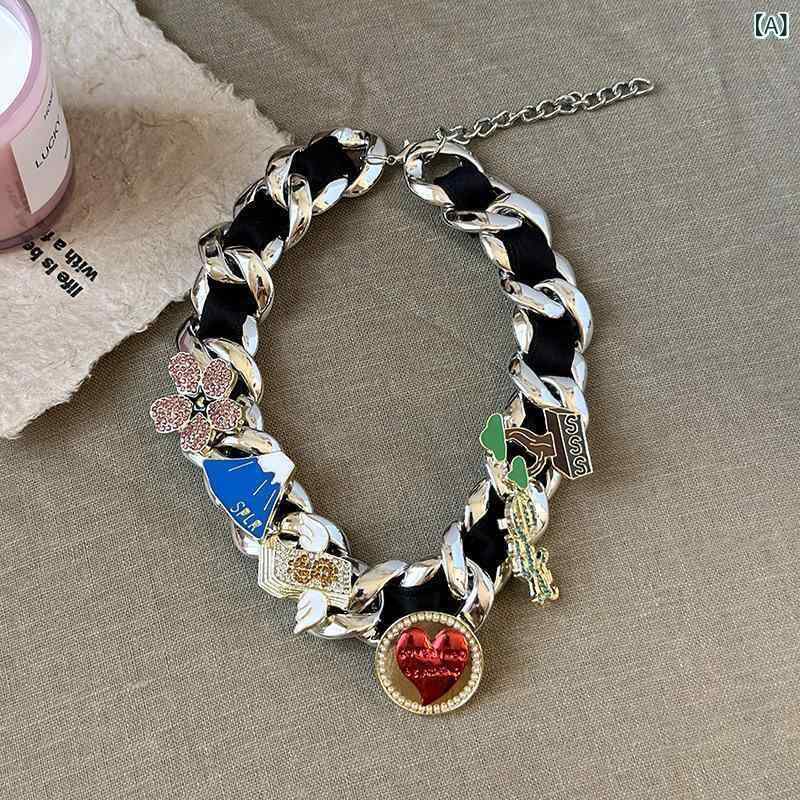 ネックレス 男女兼用 ペアアクセサリー ストリート 個性的 かわいい ハート ジルコニア チョーカー ス..