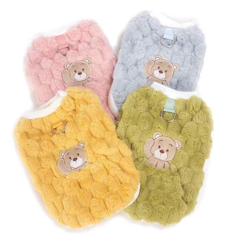 犬 服 ペット 服 かわいい 小熊 刺繍 コーラル 暖かい 防寒 袖あり ドッグ ウェア 散歩 お出かけ ぬいぐるみ イエロー ピンク ブルー グリーン XS S M L XL