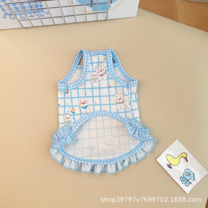 ペット服 犬 猫 春夏 ワンピース キャミソール かわいい 接触冷感 ポリエステル 小型犬 中型犬 格子柄 花柄 ブルー イエロー