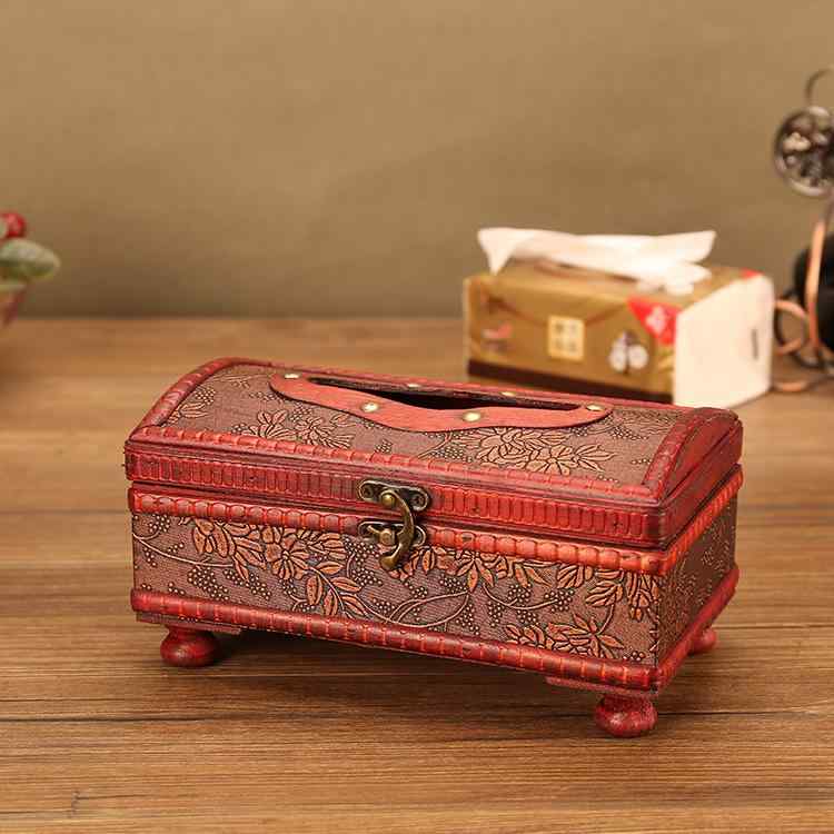 ティッシュボックス 木製 ヨーロピアン レトロ 葡萄柄 格子柄 多用途 車用 リビング ダイニング