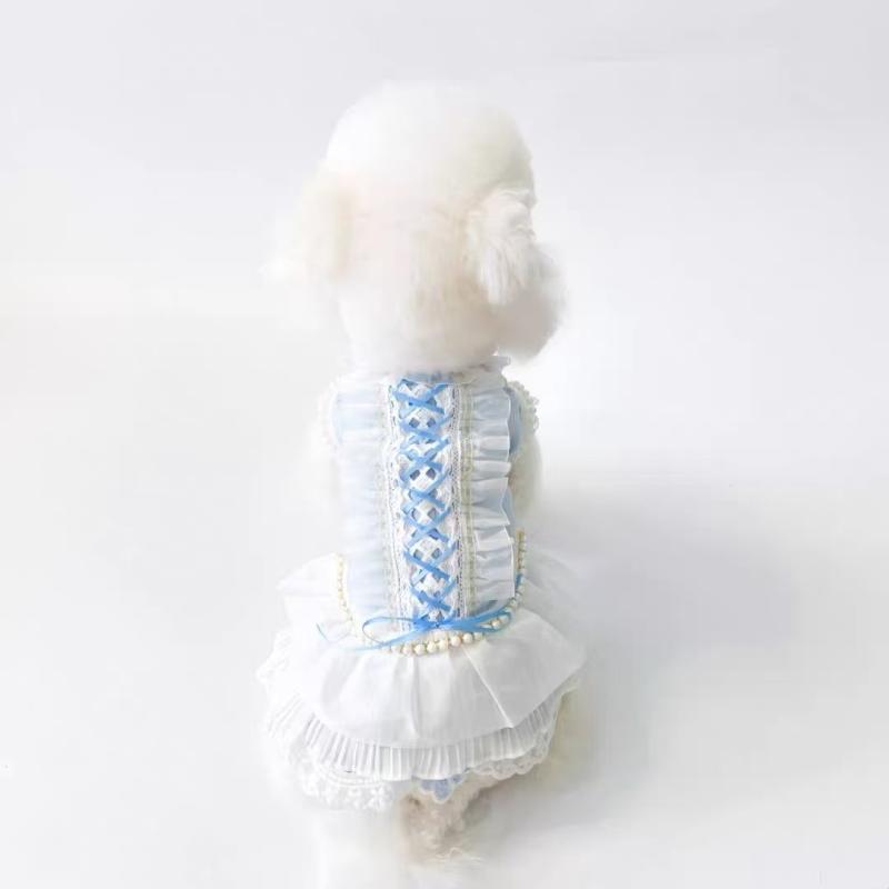 犬服 スカート 小型犬 かわいい ヨーキー バレエ ワンピース 薄手 春夏 ポリエステル フリル リボン ブルー