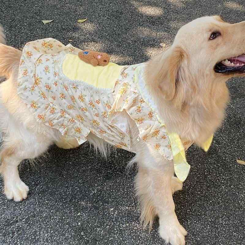 犬 服 中型犬 大型犬 超かわいい 碎花 ワンピース 姜黄色 ポリエステル