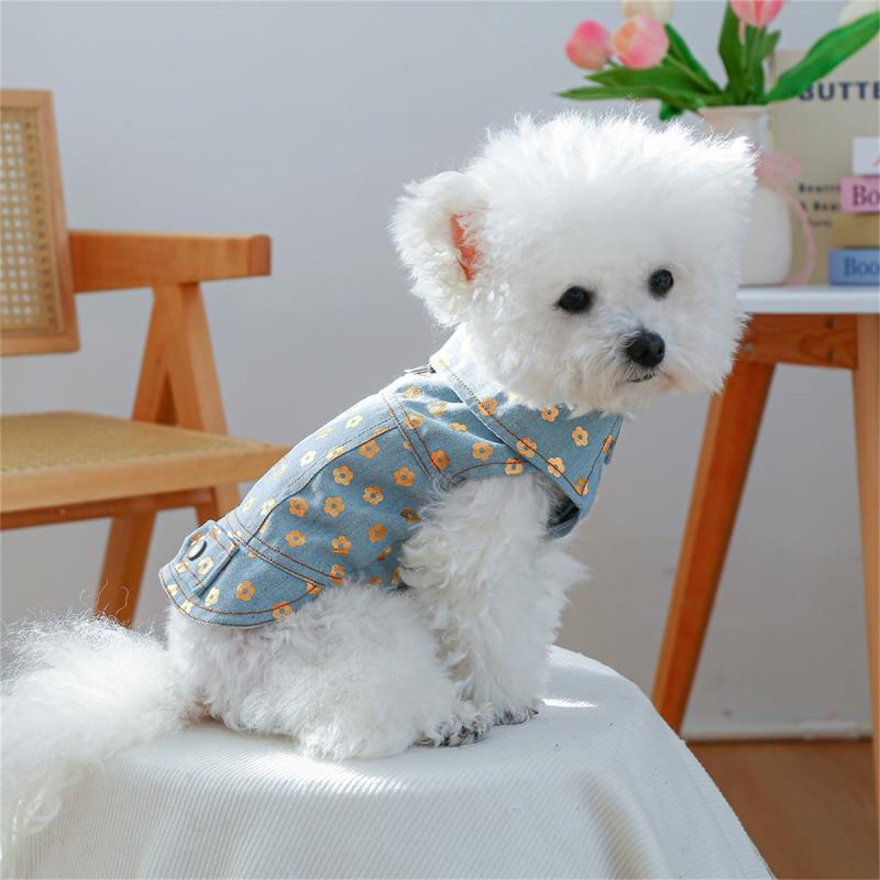 犬 服 ジャケット かわいい 花柄 デニム ドッグウェア ペット服 小型犬 中型犬 アウター ポリエステル スナップボタン 留め