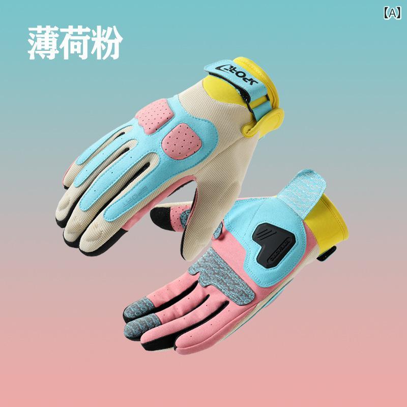 バイク 手袋 男性用 女性用 春夏 メッシュ 滑り止め 耐摩耗 接触冷感 ライディンググローブ マカロンカラー 青色 コーヒーブラウン 星ブラック 暮紫色 胭脂紅