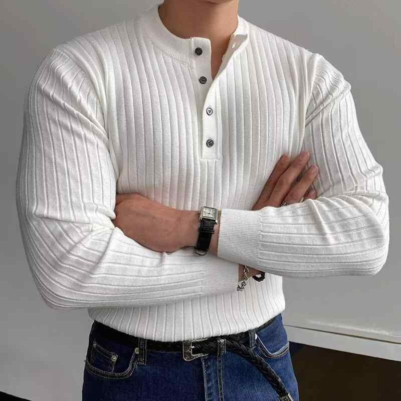 Rakuten - ニット メンズ 長袖 ヘンリーネック カットソー プルオーバー スリム Tシャツ トップス 普段使い 部屋着 春秋 ポリエステル ブラック ホワイト ブラウン グレー