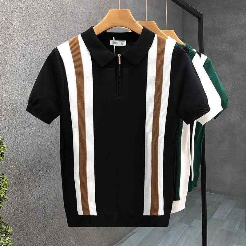 T-Shirts - Tシャツ メンズ 半袖 襟付き ストライプ 切り替え バイカラー ニット 大きいサイズ リラックス フィット 普段使い トップス