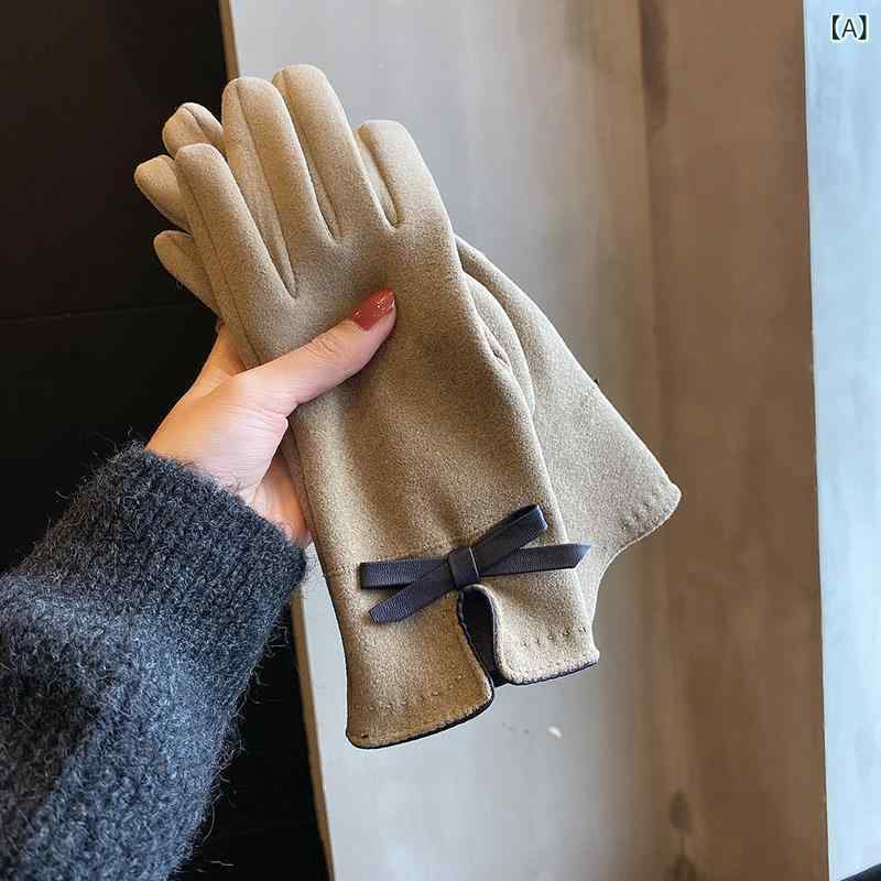 手袋 レディース かわいい 蝶結び グローブ 裏起毛 厚手 秋冬 寒さ対策 タッチパネル対応 スマートフォン対応 自転車 バイク カーキ グレー ピンク ブラック ワインレッド shadowtail-10758458 シャドーテール サンプル画像2