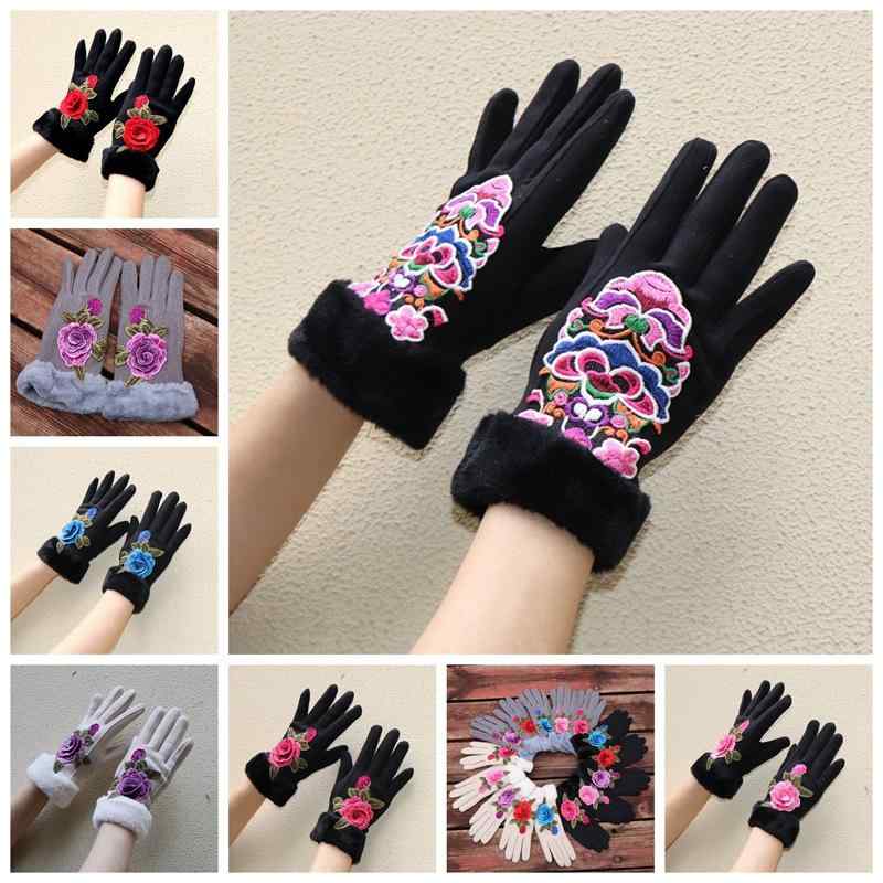 手袋 レディース 冬用手袋 刺繍 ミトンタイプ 保温 防寒 グローブ スマホ対応 手袋 民族風 黒 ブラック 赤 レッド ピンク 灰色 グレー