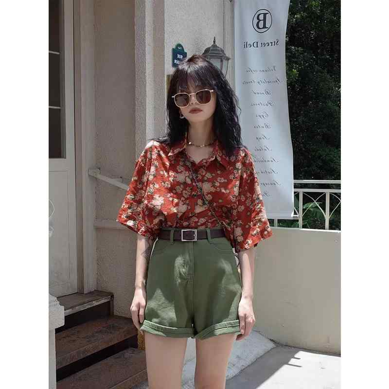 シャツ レディース 半袖 Vネック 花柄 ゆったり トップス ブラウス 赤色 接触冷感 カジュアル 日韓風