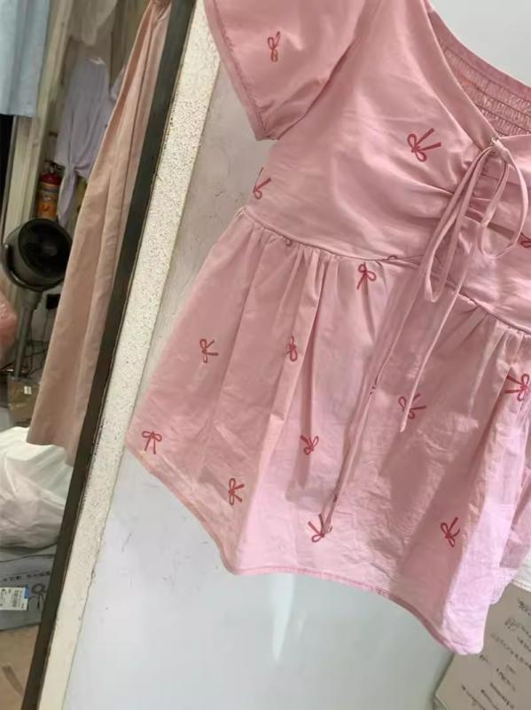 シャツ レディース 半袖 プルオーバー 接触冷感 小花柄 ブラウス トップス ゆったり スクエアネック ちょう結び パフスリーブ かわいい ガーリー フェミニン 通勤 オフィス ポリエステル ピンク系