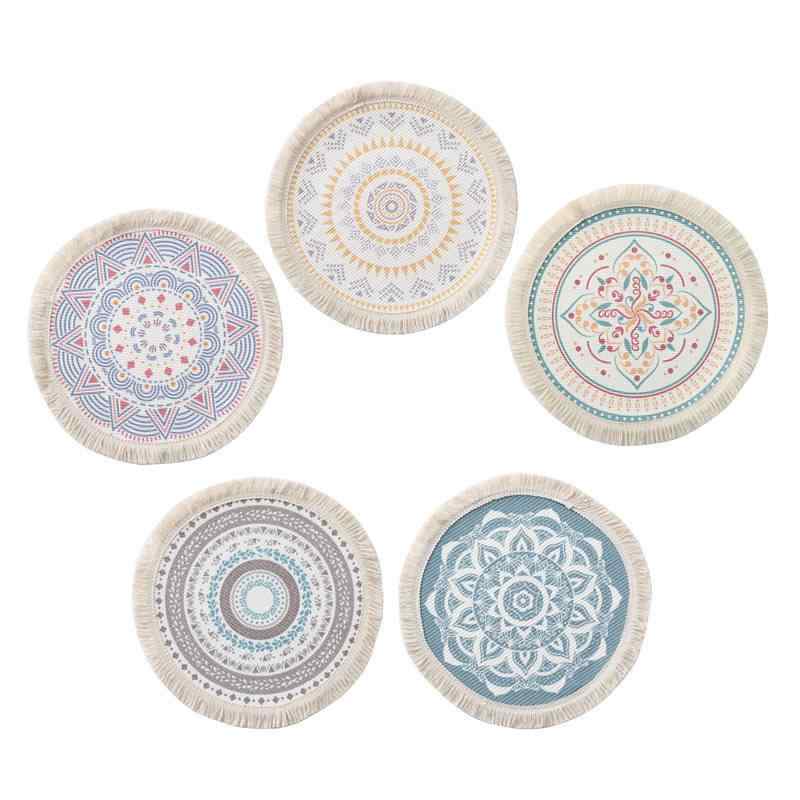 鍋敷き ボヘミアン風 ランチョンマット 北欧風 テーブルマット 黄麻 タッセル付き 断熱 スクエア