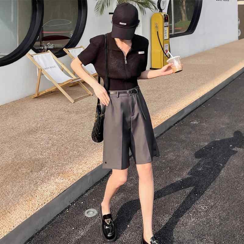 パンツ レディース 高腰 五分丈 カーゴパンツ 灰色 黒色 ポリエステル 直筒パンツ ストリート カジュアル モード系