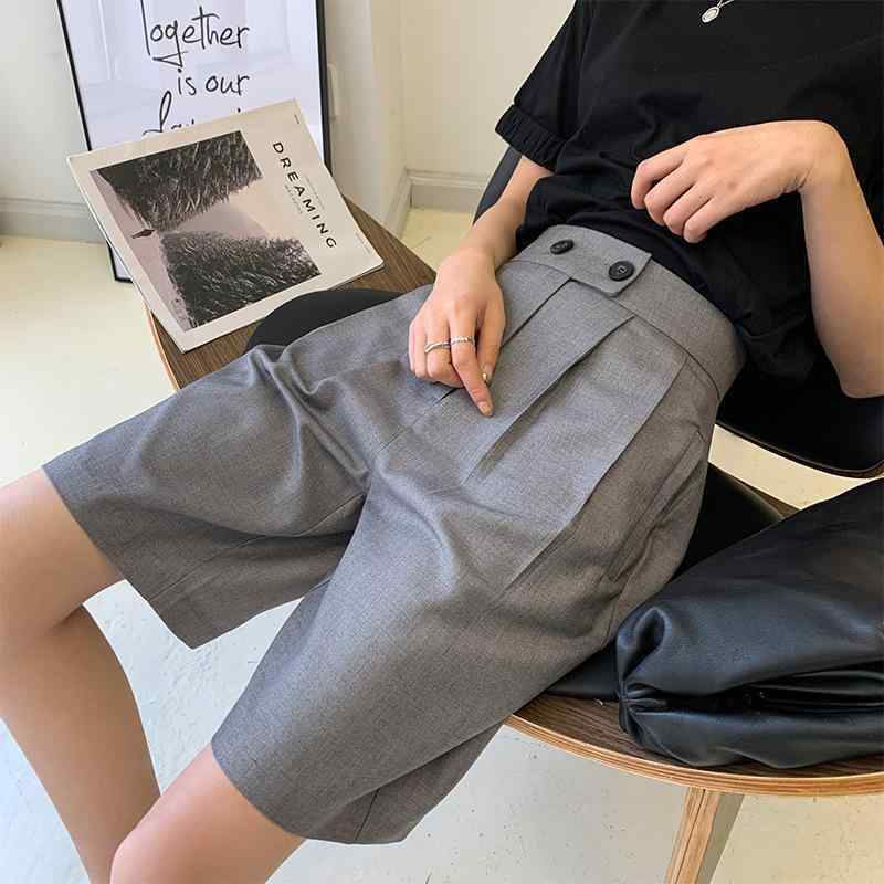 パンツ レディース 高腰 ワイドレッグ ハーフパンツ ポリエステル ゆったり ブラック グレー カーキ色 無地 カジュアル スタイル