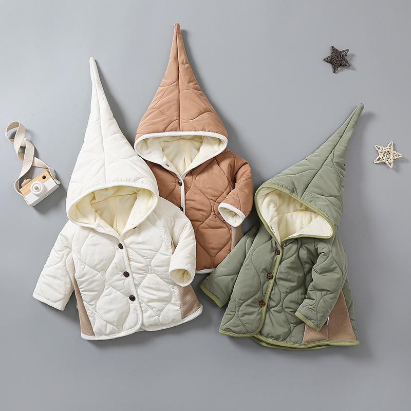 ベビー服 秋冬 加厚フード付きジャケット 男女兼用 幼児 アウターウェア カジュアル ポリエステル 無地..