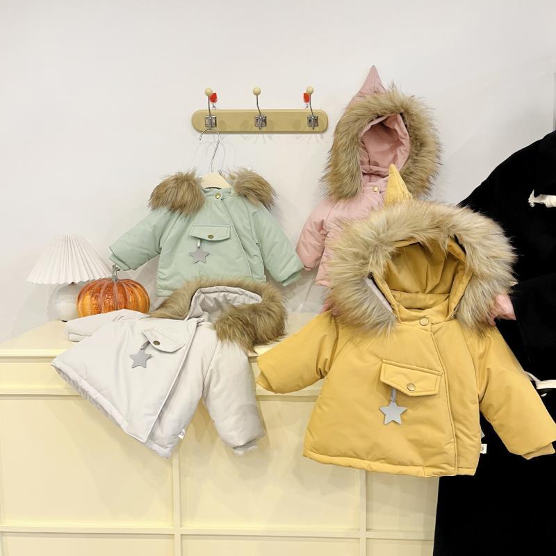 子供用帽子付き綿入りジャケット 男女兼用 ベビー 幼児 冬服 厚手 防寒 アウター 浅カーキ グリーン ピ..