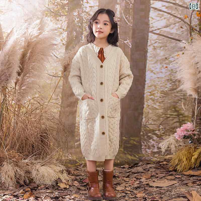 ニット カーディガン キッズ 女の子 秋冬 厚手 Vネック ニット トップス アウター 子供服 ジュニア おしゃれ かわいい 長袖 無地 普段着 防寒