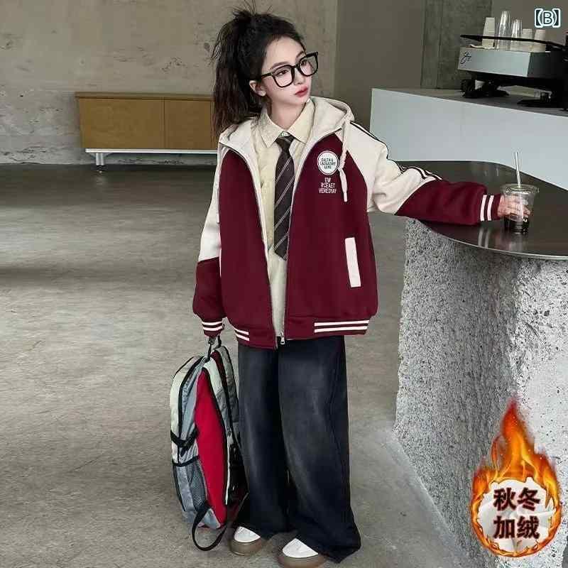 子供服 アウター 女の子 秋冬 ボアジャケット ジャンパー 野球服風 立襟 フード付...