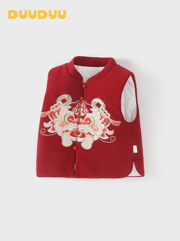 ベビー服 子供用 中綿入りベスト 厚手 春秋 冬 瑞獅柄 コットン ポリエステル 幼児 男女兼用 新生児 あったか 防寒着 かわいい お正月 初節句