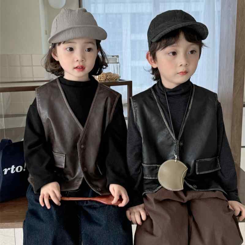 子供服 ベスト ベビー 男女兼用 PUレザー 擦れ色 森ガール 80cm 90cm 100cm 110cm 120cm 130cm 140cm 春秋 冬 ブラック ブラウン