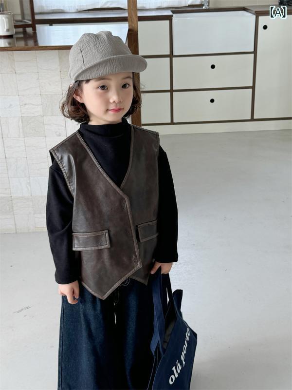 子供服 ベスト ベビー 男女兼用 PUレザー 擦れ色 森ガール 80cm 90cm 100cm 110cm ...