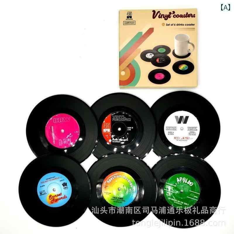 コースター レトロ風 9.5cm 6枚セット 断熱 滑り止め 円形 シリコン PVC レコードデザイン
