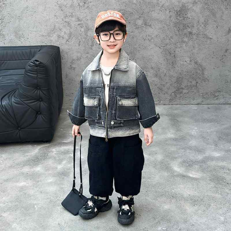 乐天商城 - キッズ デニム ジャケット 春秋 アウター ボーイズ 子供 服 ベビー おしゃれ 柔らかい グレー Gジャン 通学 普段使い