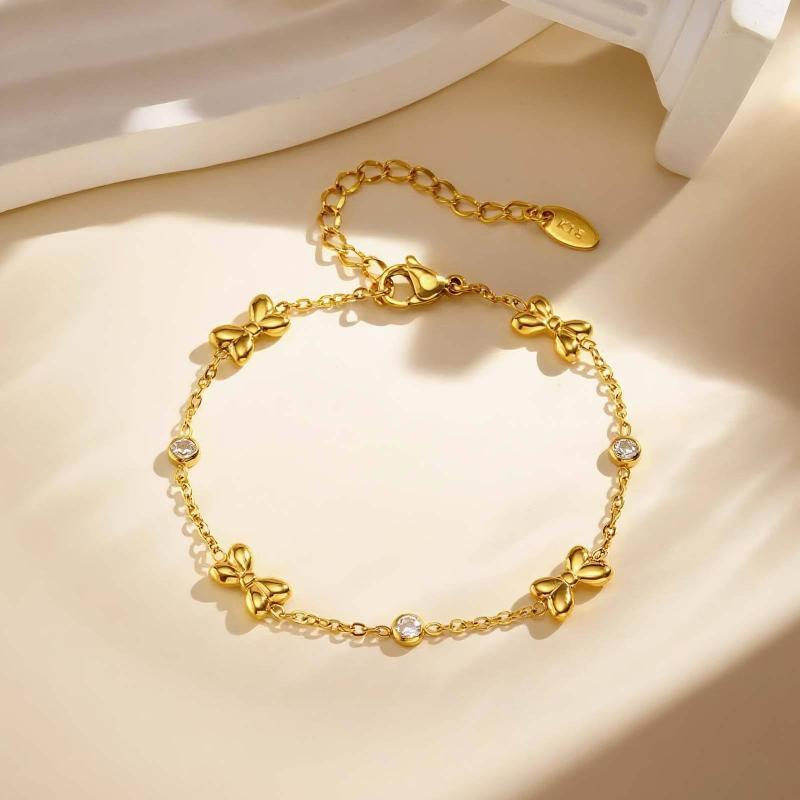 ブレスレット レディース 子供用 ステンレス製 蝶結び ジルコニア ゴールド 手作り 手首飾り アクセサリー ギフト
