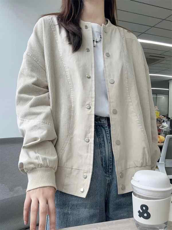 ジャケット レディース コーデュロイ 切り替え スタジャン ベースボール 秋冬 ゆったり リラックス ラウンドネック 普段使い かわいい ..