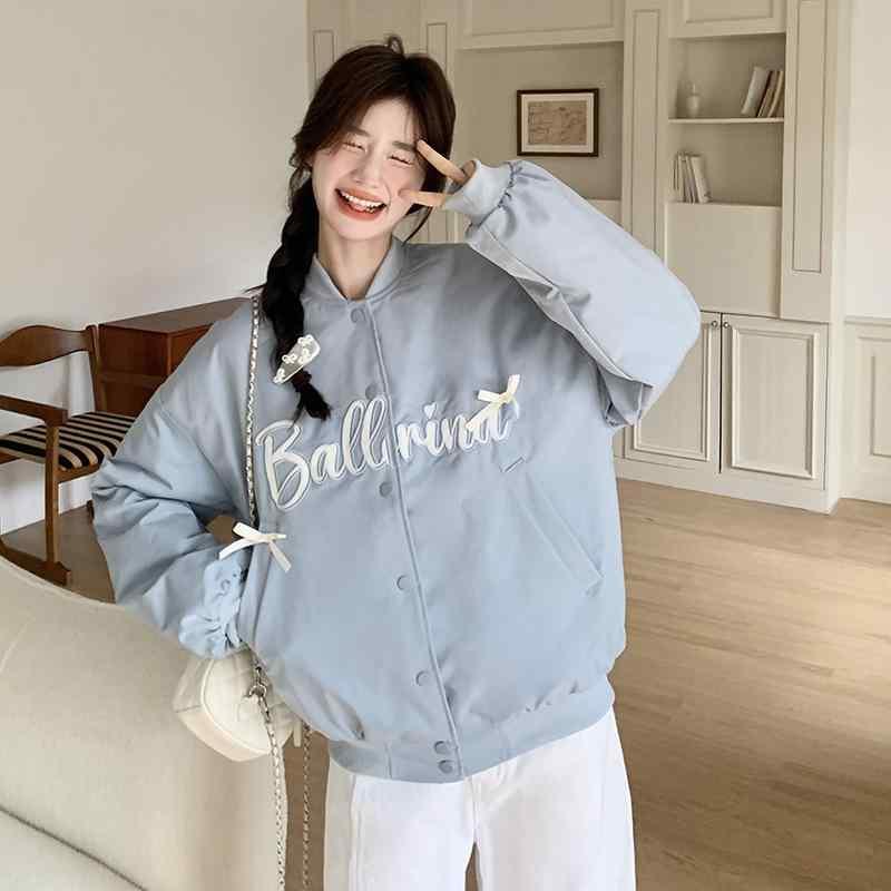 ジャケット レディース 春物 立襟 蝶結び スタジャン ブルゾン ジャンパー ゆったり 普段使い 通学 ポケット付き ポリエステル 伸縮性