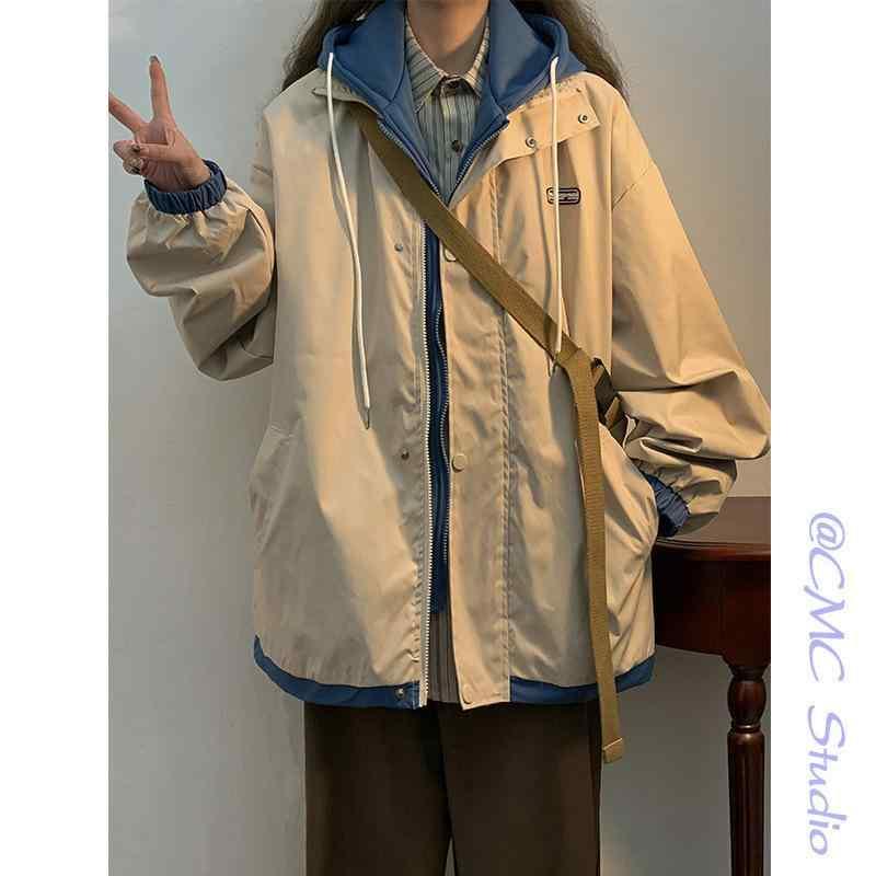 ジャケット レディース アメリカンスタイル フェイクレイヤード ベースボール 春秋 シック デザイン 個性的 アウター 灰色 黒色 杏色 ポリエステル(4.0)