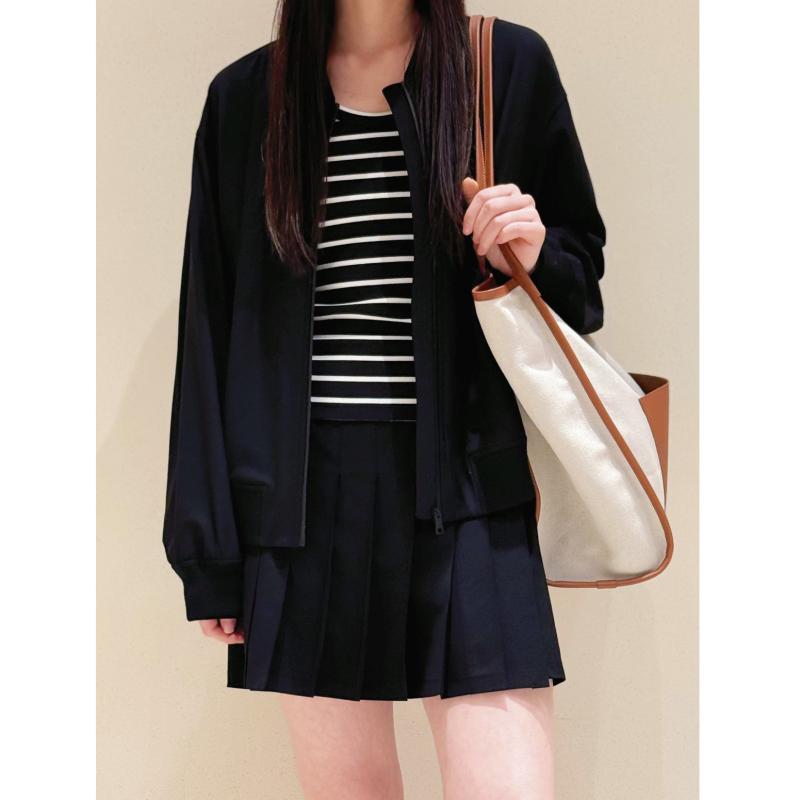 ジャケット レディース 韓国風 カジュアル ブルゾン ジャンパー アウター 羽織り スポーティー MIXスタイル ストリートファッション ラグラン袖 ブラック(4.0)