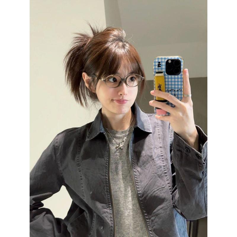 Rakuten - ジャケット レディース 春 ショート丈 ワーク 炭グレー ゆったり 長袖 アウター ブルゾン 野球服風 トップス カジュアル 小柄 ポロ襟