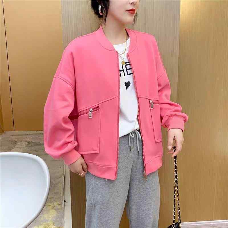 ジャケット レディース 秋冬 ブルゾン 野球襟 ジップアップ 韓国風 裏起毛 厚手 ゆったり 体型カバー 美白 高見え S M L XL 2XL 3XL コットン 浅紫 ピンク 黒 浅灰 桔红