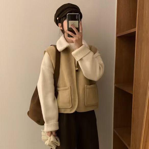 ベスト レディース 春秋 韓国風 ファッション 婦人服 ショート丈 かわいい おしゃれ レイヤード ドーリー襟 配色 ポリエステル 普段使い デイリー