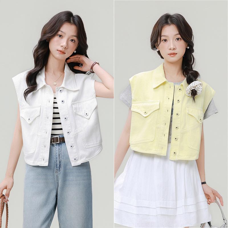ベスト レディース 春夏 韓国風 ファッション 襟付き ショート丈 デニム ベスト 女性用 ゆったり カジュアル かわいい トップス ノースリーブ コットン
