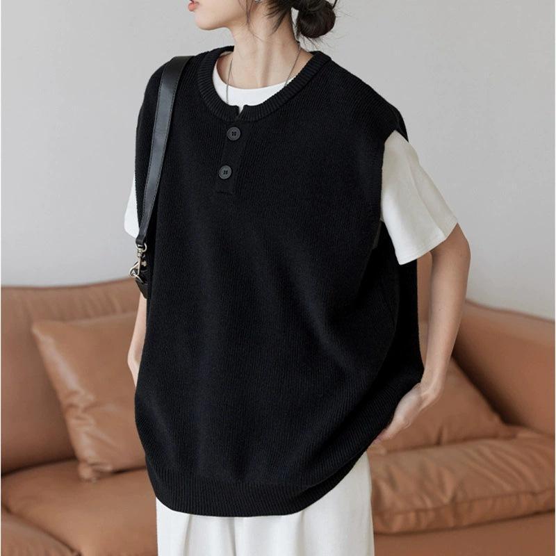 ニット レディース ニットベスト 韓国風 かわいい ゆるかわ カットソー レイヤード 重ね着 ラウンドネック 無地 チュニック ブラック レッド(4.0)