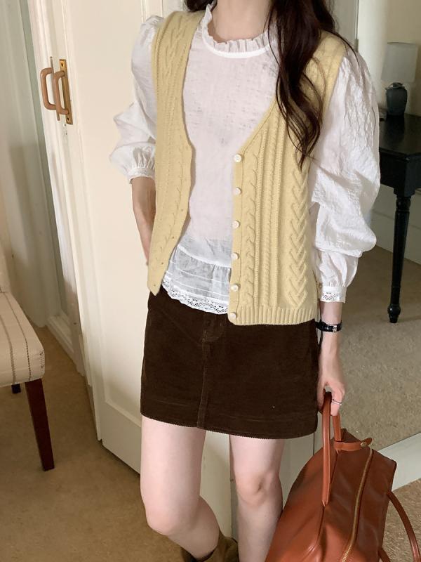 ニットベスト レディース 秋 Vネック セーター カーディガン トップス 韓国 ファッション カジュアル かわいい きれいめ イエロー ワンサイズ