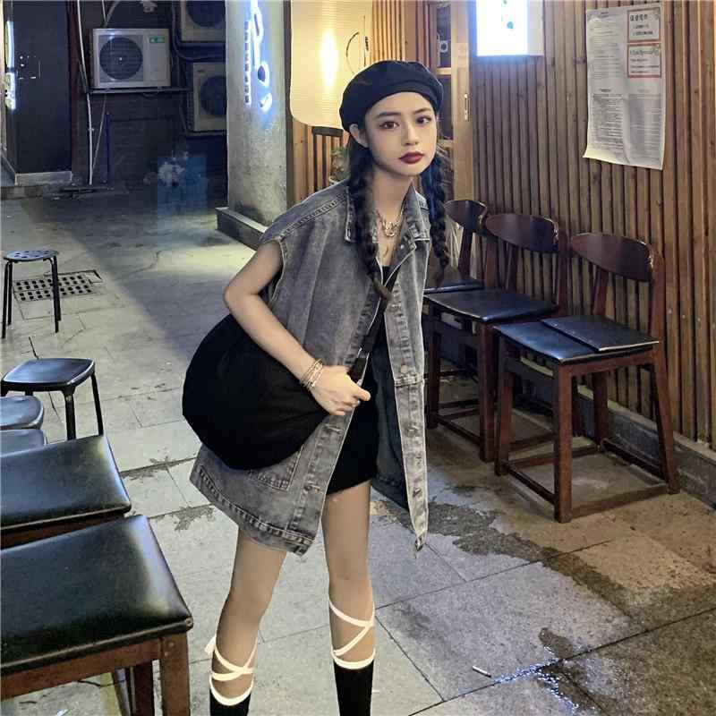 ベスト レディース 春秋 韓国風 デニム ゆったり ミドル丈 ノースリーブ チョッキ トップス 通勤 普段使い ブルー ブラック系 綿