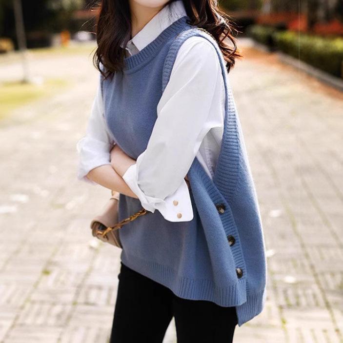 ニットベスト レディース 韓国風 春秋 ノースリーブ セーター チョッキ 杏色 グレー ブルー ブラック ゆったり ラウンドネック 普段使い デート(4.0)