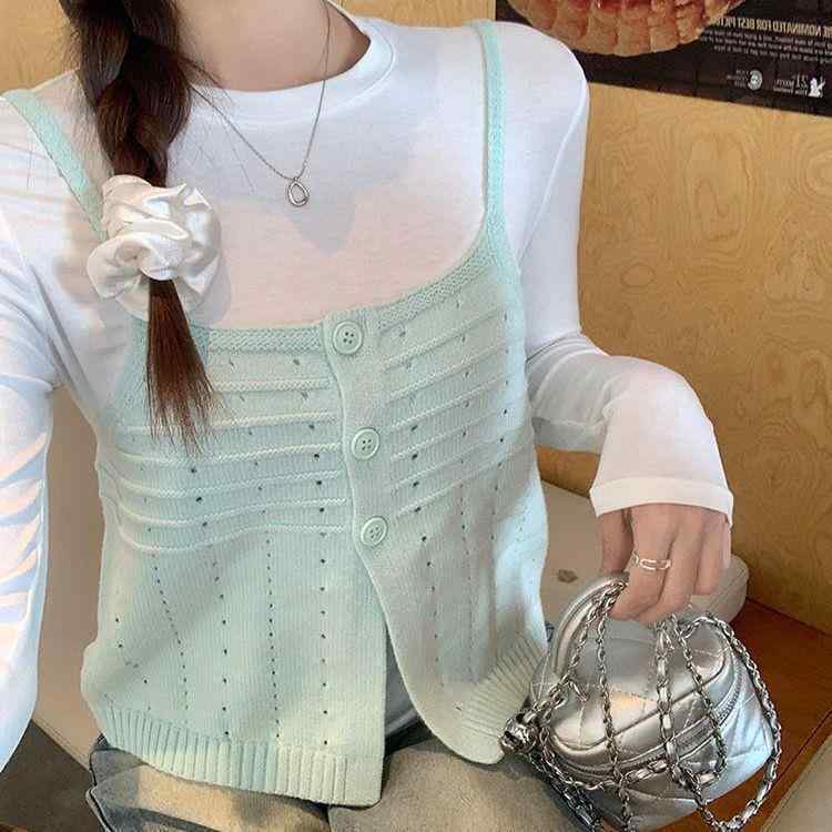 ベスト レディース 春秋 かわいい 浅緑 ショート丈 重ね着 トップス ゆったり 普段使い 部屋着