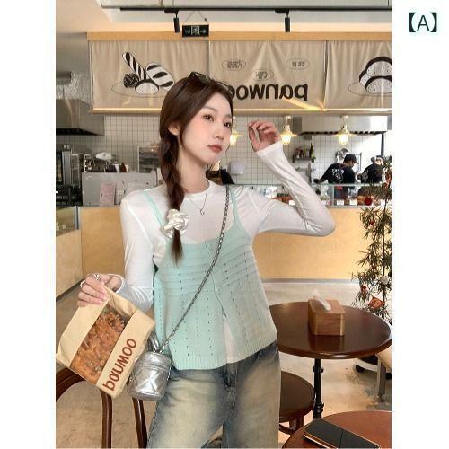 ベスト レディース 春秋 かわいい 浅緑 ショート丈 重ね着 トップス ゆったり 普段使い 部屋着