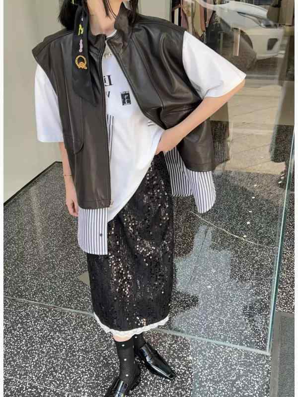 ベスト レディース リアルレザー 羊革 ストライプ パッチワーク カジュアル 韓国ファッション アウター ブラック 中長丈 立襟 普段使い 秋冬(4.0)