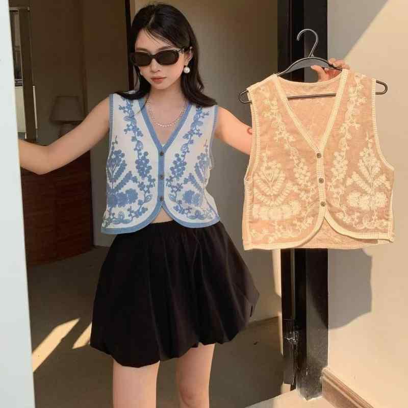 ベスト レディース サマーニット かぎ針編み風 花柄 刺繍 Vネック ノースリーブ レイヤードスタイル 韓国風 カジュアル ベージュ ブルー