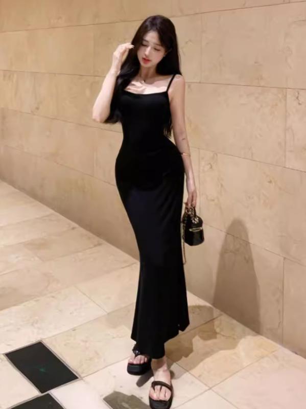 ワンピース レディース 大人 セクシー キャミソールワンピース ロング丈 無地 ポリエステル 韓国風 クラブ パーティー ドレス ブラック グレー ダークブラウン 春夏 高見え スタイルアップ