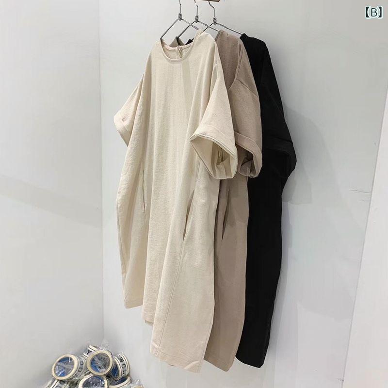 ワンピース レディース 大きいサイズ ゆったり ミモレ丈 半袖 チュニック TR面料 切り替え 米白色 カーキ色 ブラック 130kg 150kg 体型カバー 普段使い