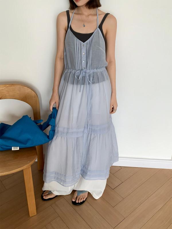 ワンピース レディース 韓国風 リゾート ギャザー ノースリーブ ロングワンピース 接触冷感 ゆったり 20代 30代 40代 旅行 お洒落 ブル..